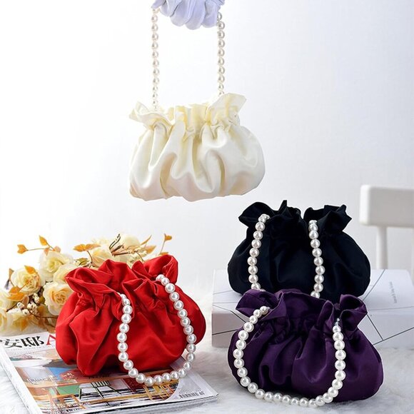 Small Wristlet Purses Mini Bucket Bag Women Hobo Bag with Faux Pearl Chain Red - Picture 7 of 7